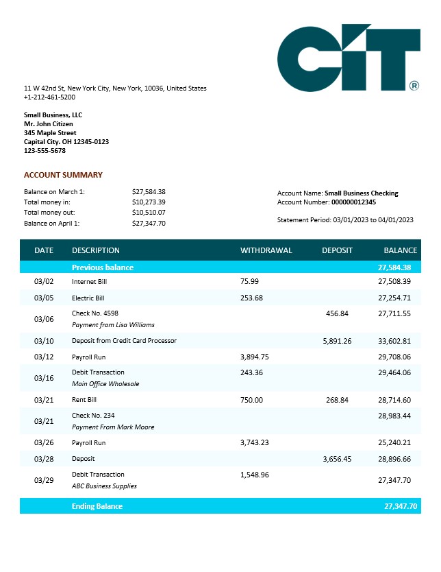 Modèle Word et PDF de relevé de compte courant d'entreprise de la CIT Bank